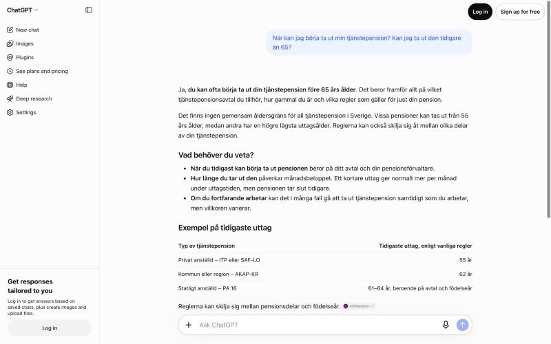 ChatGPT svarar på när man kan ta ut tjänstepension och hänvisar till minPension, inte Alecta.