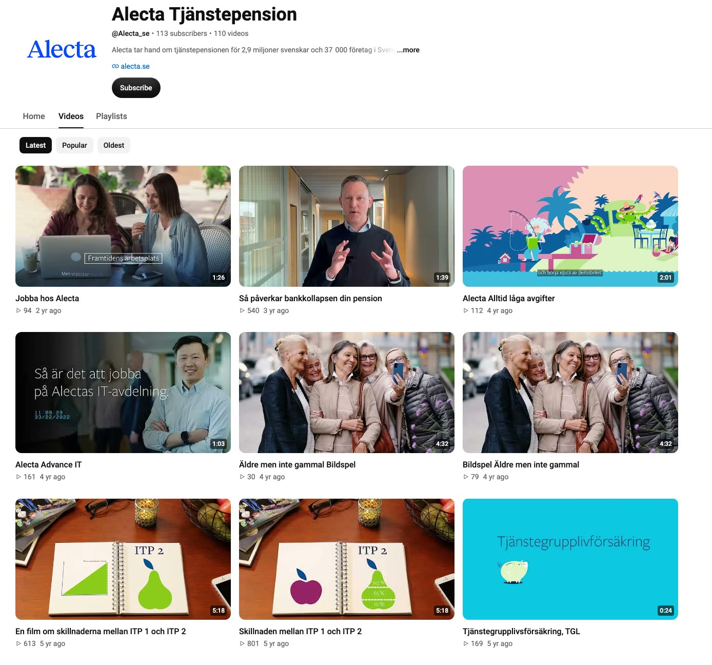 Alectas YouTube-kanal, där den senaste videon publicerades för två år sedan.